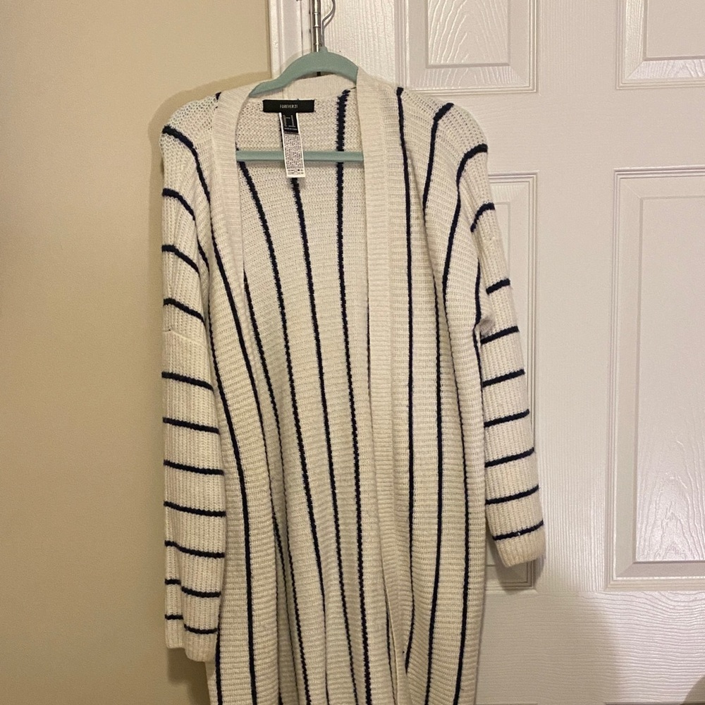 Forever 21 Long Striped Oversized Cardigan Sweater - Cream and Black